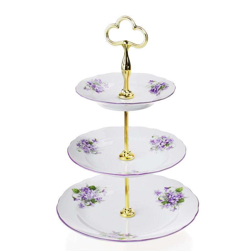 Etažer - talíř třípatrový Rokoko fialky s fialovou linkou