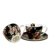 Šálek s podšálkem na čaj, cappuccino - vintage květiny (černý podklad) - sada 2 ks