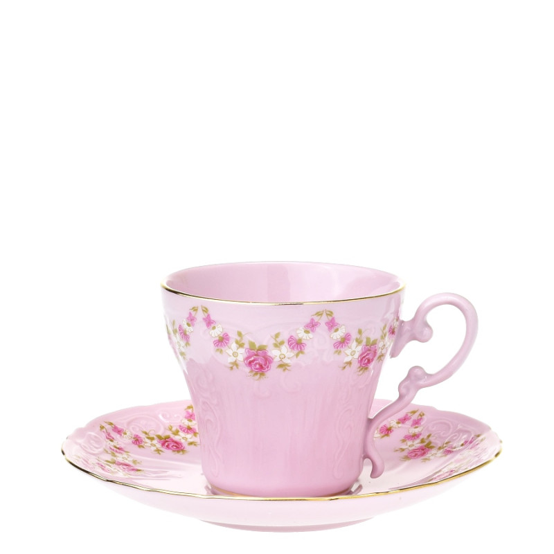 Šálek s podšálkem Ela girlanda z růžiček - růžový porcelán