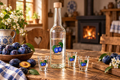 Dekorované skleněné láhve na slivovici a korbele na pivo VEA® Šternberk