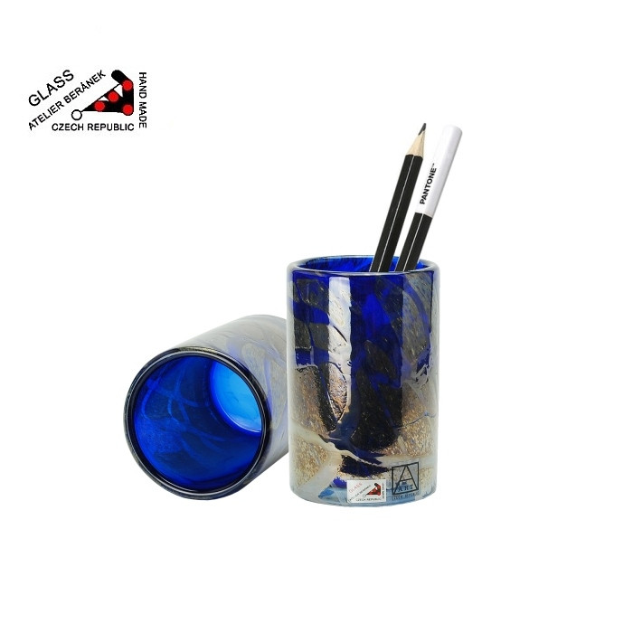 Váza/dóza na tužky 12 cm z hutního skla kobaltová, ruční výroba z atelieru Beránek
