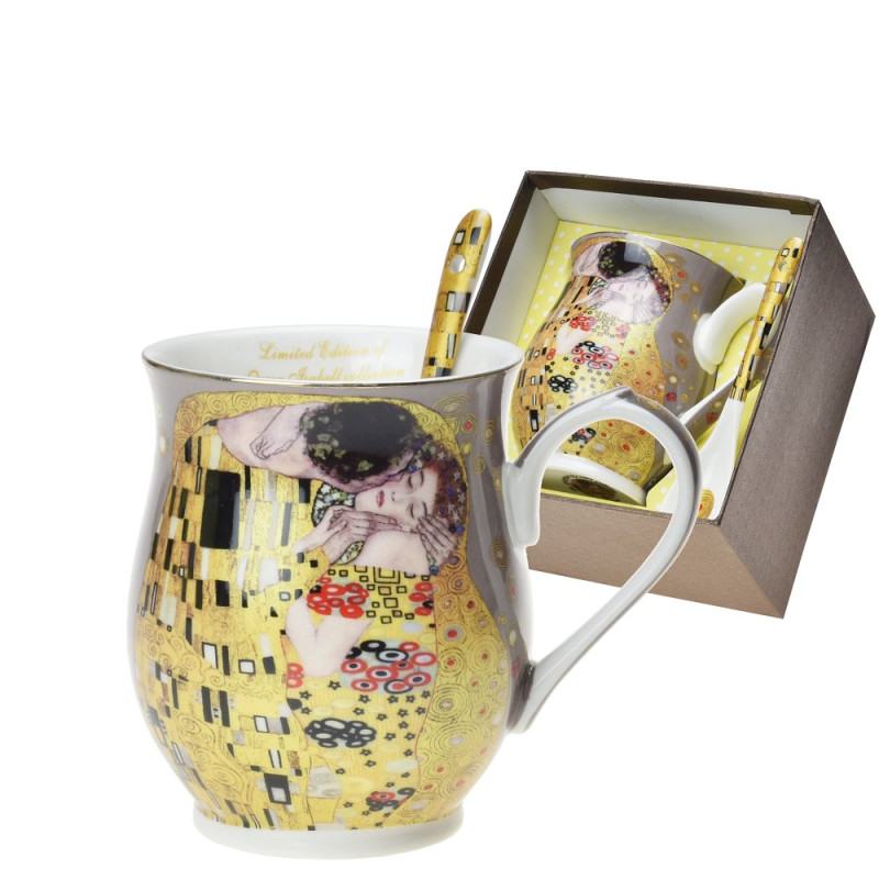 Hrnek 350 ml s porcelánovou lžičkou Gustav Klimt - Polibek