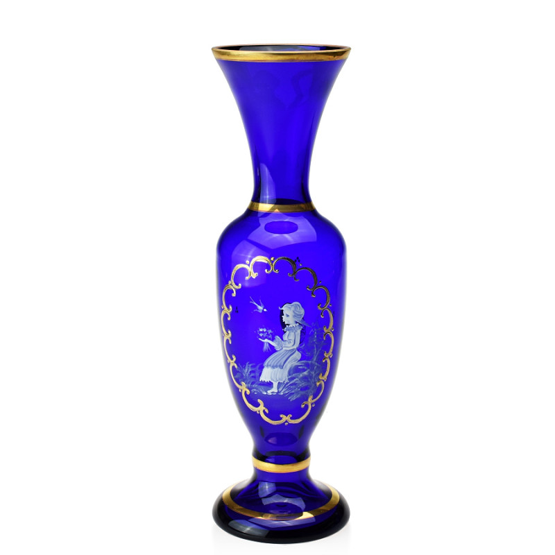 Váza 27 cm modré sklo - ruční malba - děvčátko