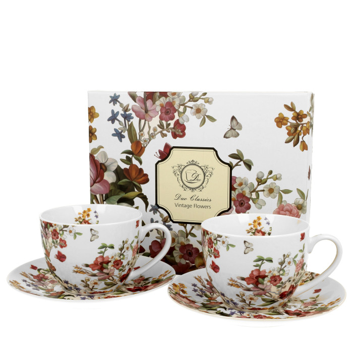 Šálek s podšálkem na čaj, cappuccino - vintage květiny (bílý podklad) - sada 2 ks