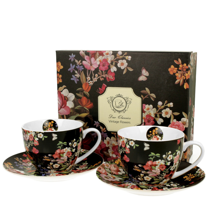Šálek s podšálkem na čaj, cappuccino - vintage květiny (černý podklad) - sada 2 ks