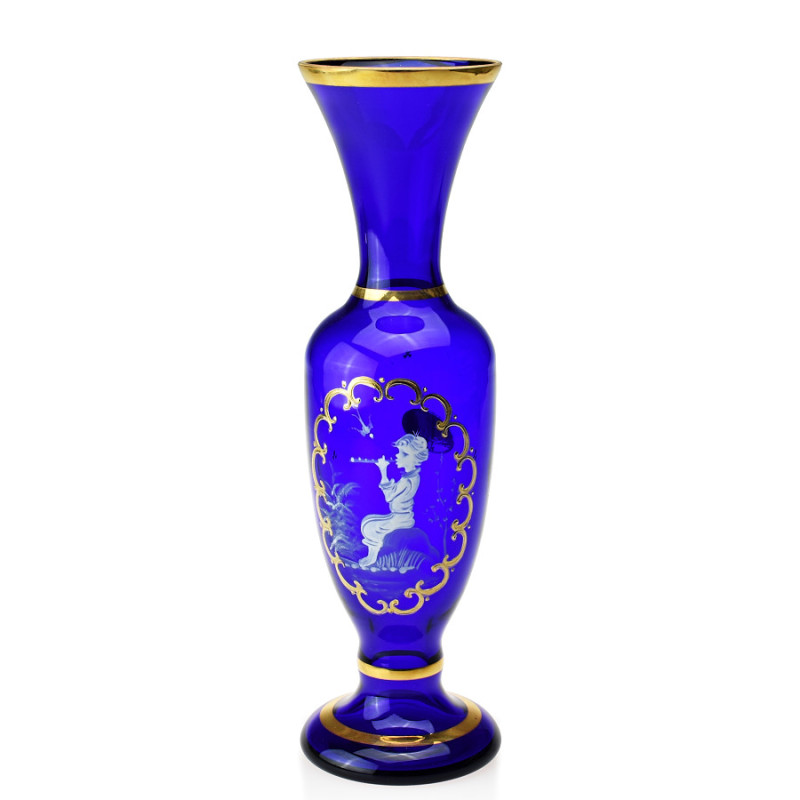Váza 27 cm modré sklo - ruční malba - chlapec s píšťálou