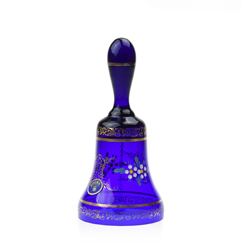 Zvonek z modrého skla s ruční dekorací